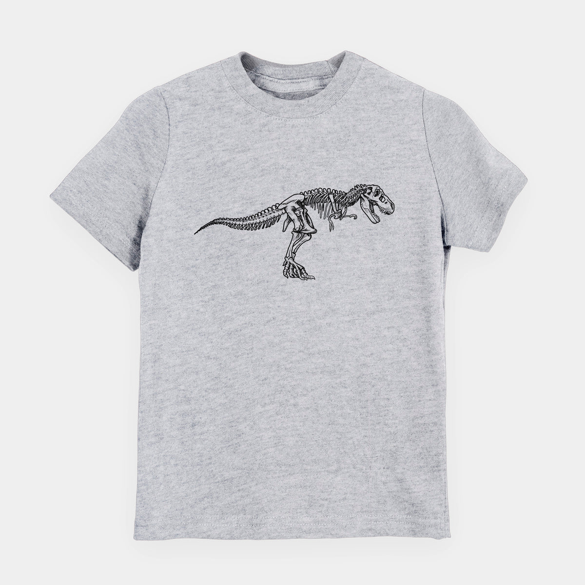 Heather grey youth t-shirt laid flat, printed with a black ink illustration of a Tyrannosaurus rex skeleton.