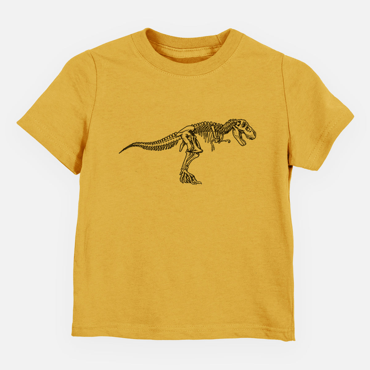 Honeycomb yellow toddler t-shirt laid flat, printed with a black ink illustration of a Tyrannosaurus rex skeleton.