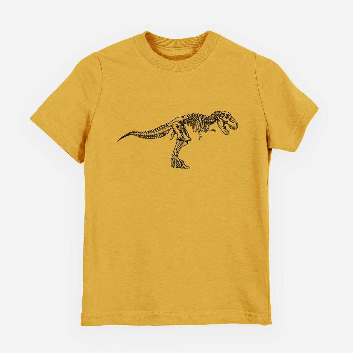 Honeycomb yellow youth t-shirt laid flat, printed with a black ink illustration of a Tyrannosaurus rex skeleton.