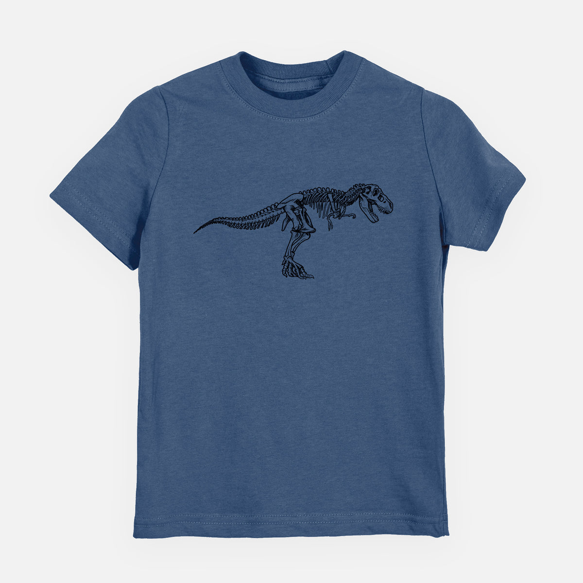 Indigo blue youth t-shirt laid flat, printed with a black ink illustration of a Tyrannosaurus rex skeleton.
