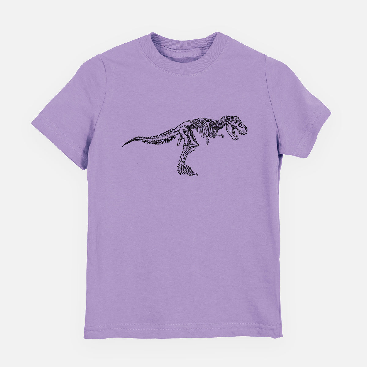 Lavender youth t-shirt laid flat, printed with a black ink illustration of a Tyrannosaurus rex skeleton.