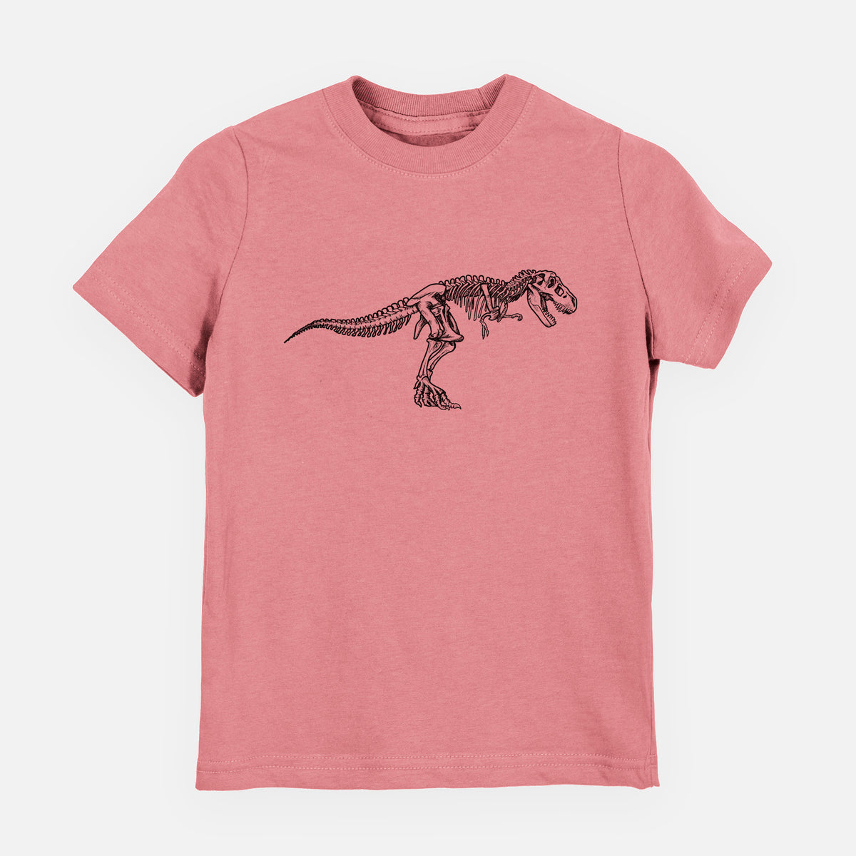 Mauve pink youth t-shirt laid flat, printed with a black ink illustration of a Tyrannosaurus rex skeleton.