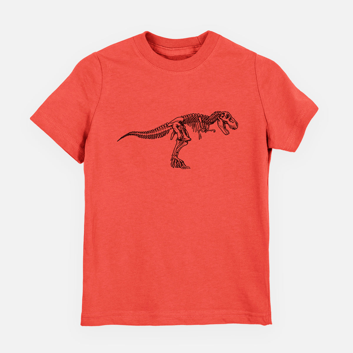 Passionfruit pink youth t-shirt laid flat, printed with a black ink illustration of a Tyrannosaurus rex skeleton.