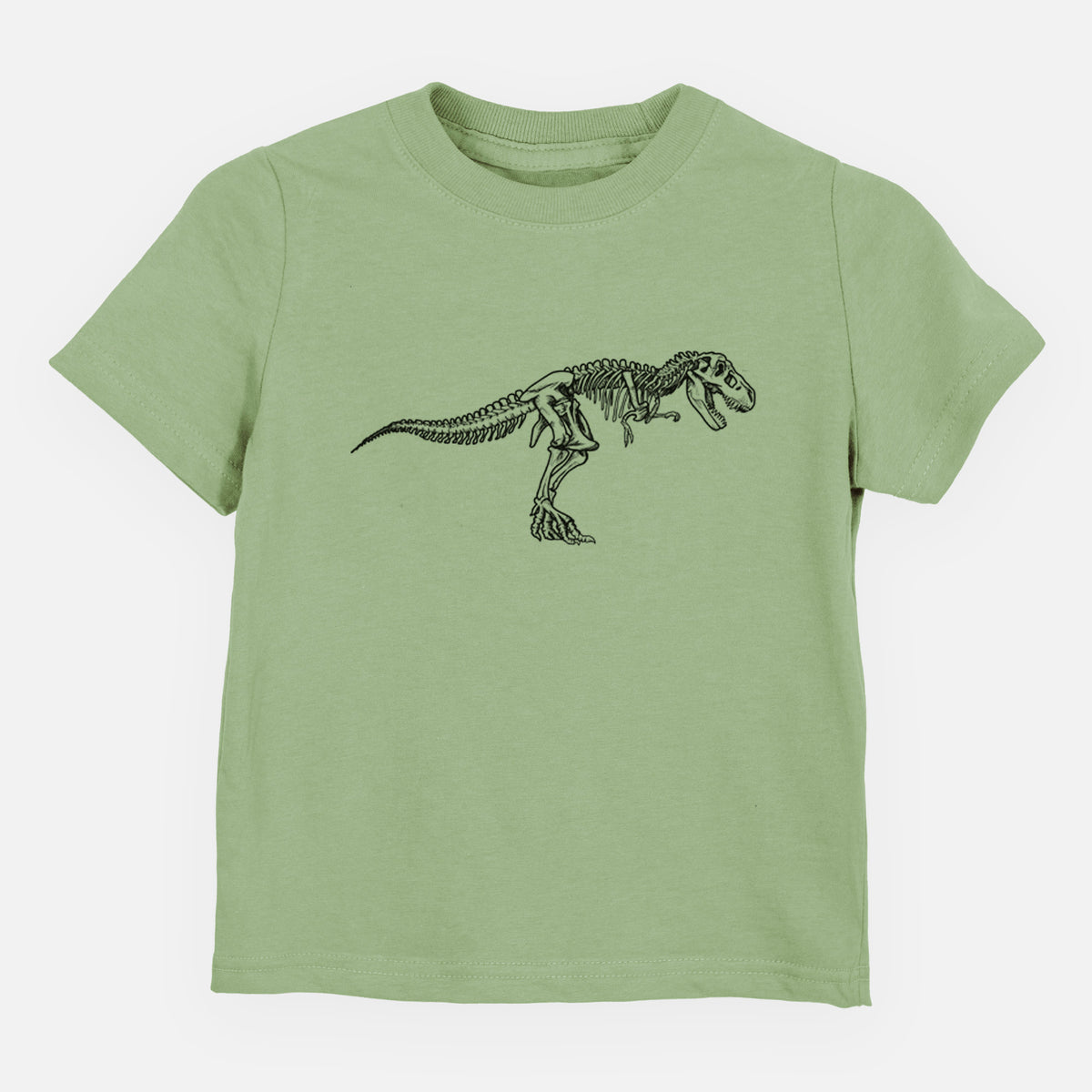 Sage green toddler t-shirt laid flat, printed with a black ink illustration of a Tyrannosaurus rex skeleton.