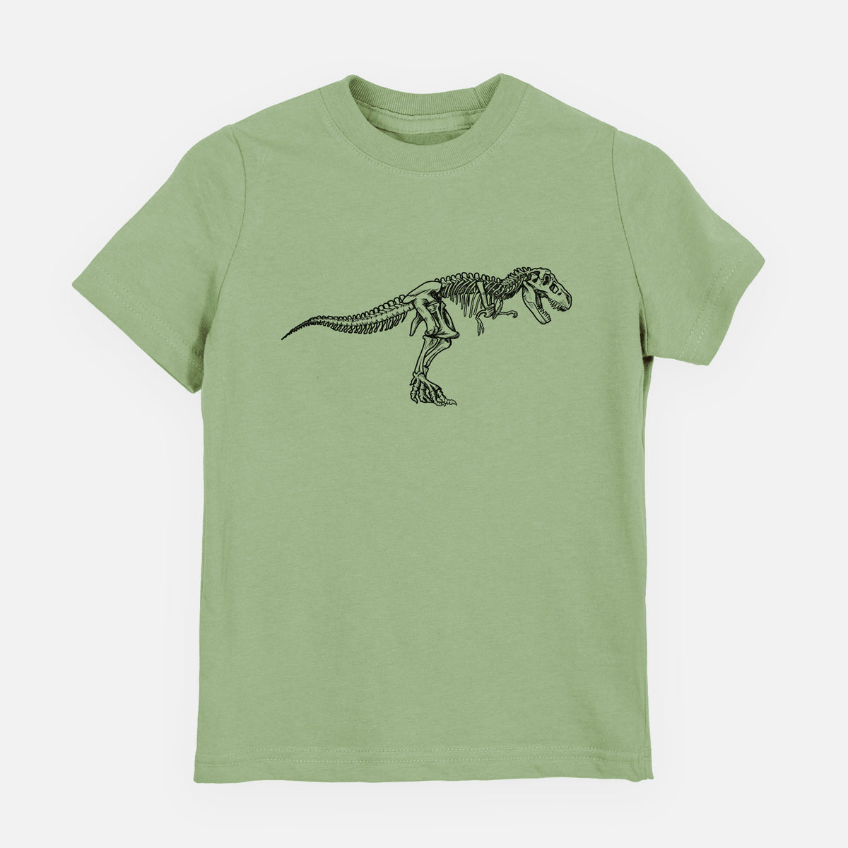 Sage green youth t-shirt laid flat, printed with a black ink illustration of a Tyrannosaurus rex skeleton.