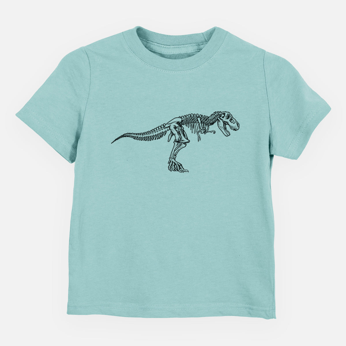 Saltwater toddler t-shirt laid flat, printed with a black ink illustration of a Tyrannosaurus rex skeleton.