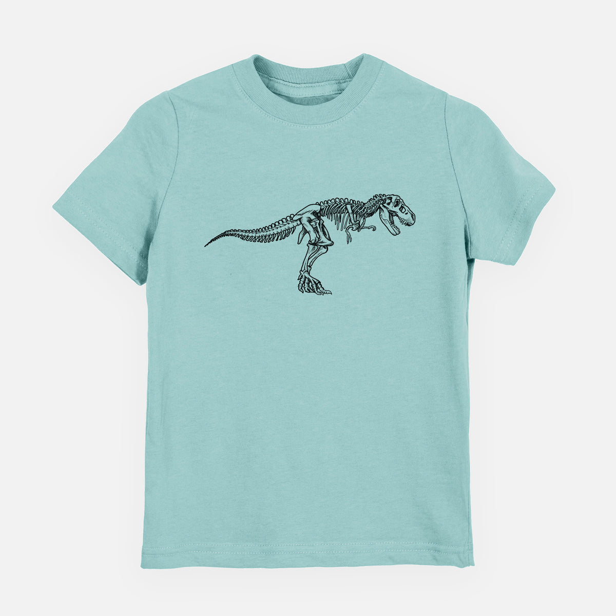 Saltwater youth t-shirt laid flat, printed with a black ink illustration of a Tyrannosaurus rex skeleton.