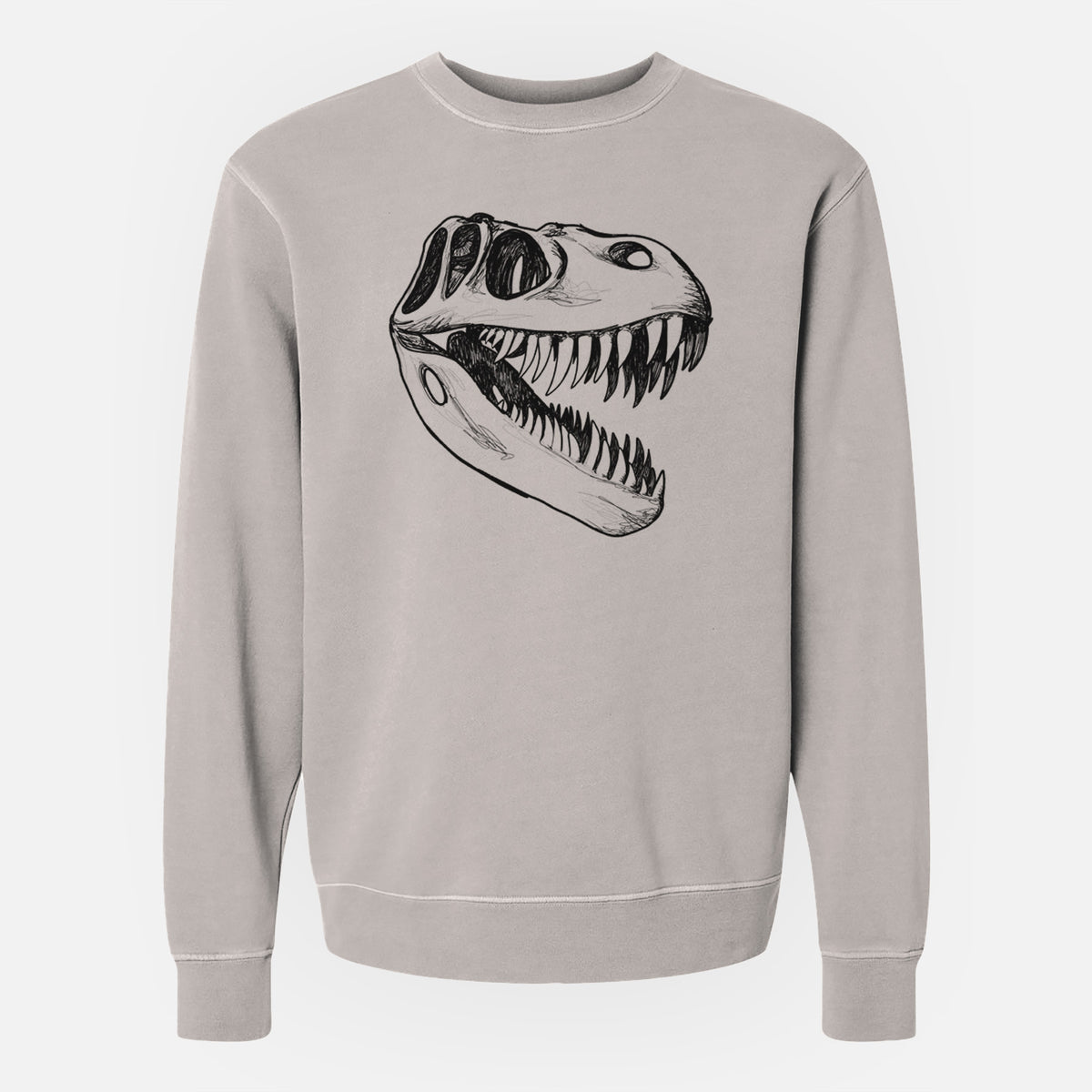 Cement grey pigment dyed crewneck sweatshirt laid flat, printed with a black ink illustration of a Tyrannosaurus rex skull with sharp teeth.