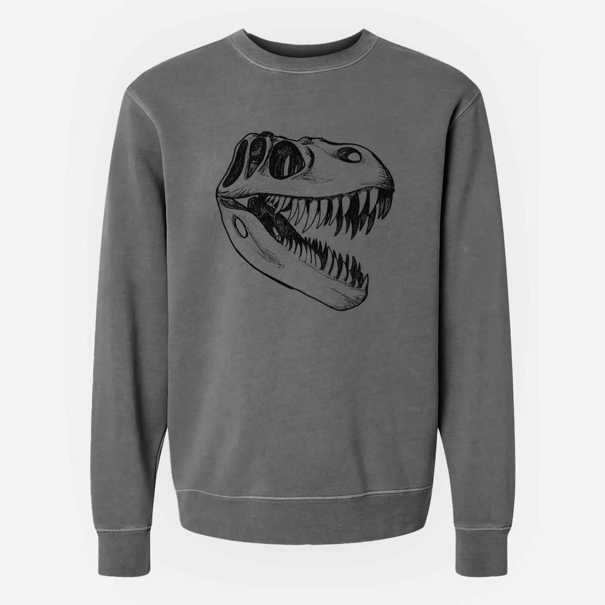 Faded black pigment dyed crewneck sweatshirt laid flat, printed with a black ink illustration of a Tyrannosaurus rex skull with sharp teeth.