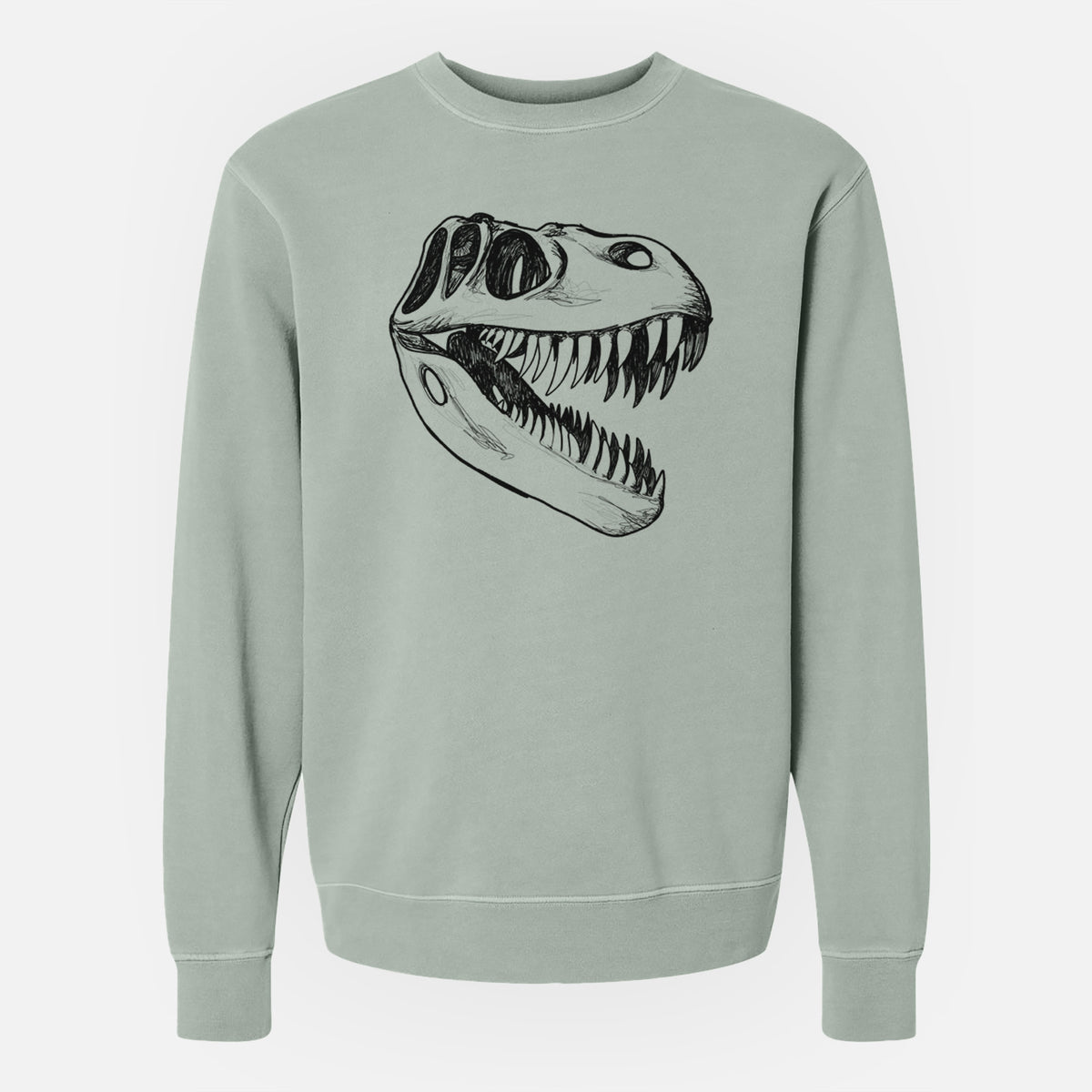 Sage green pigment dyed crewneck sweatshirt laid flat, printed with a black ink illustration of a Tyrannosaurus rex skull with sharp teeth.