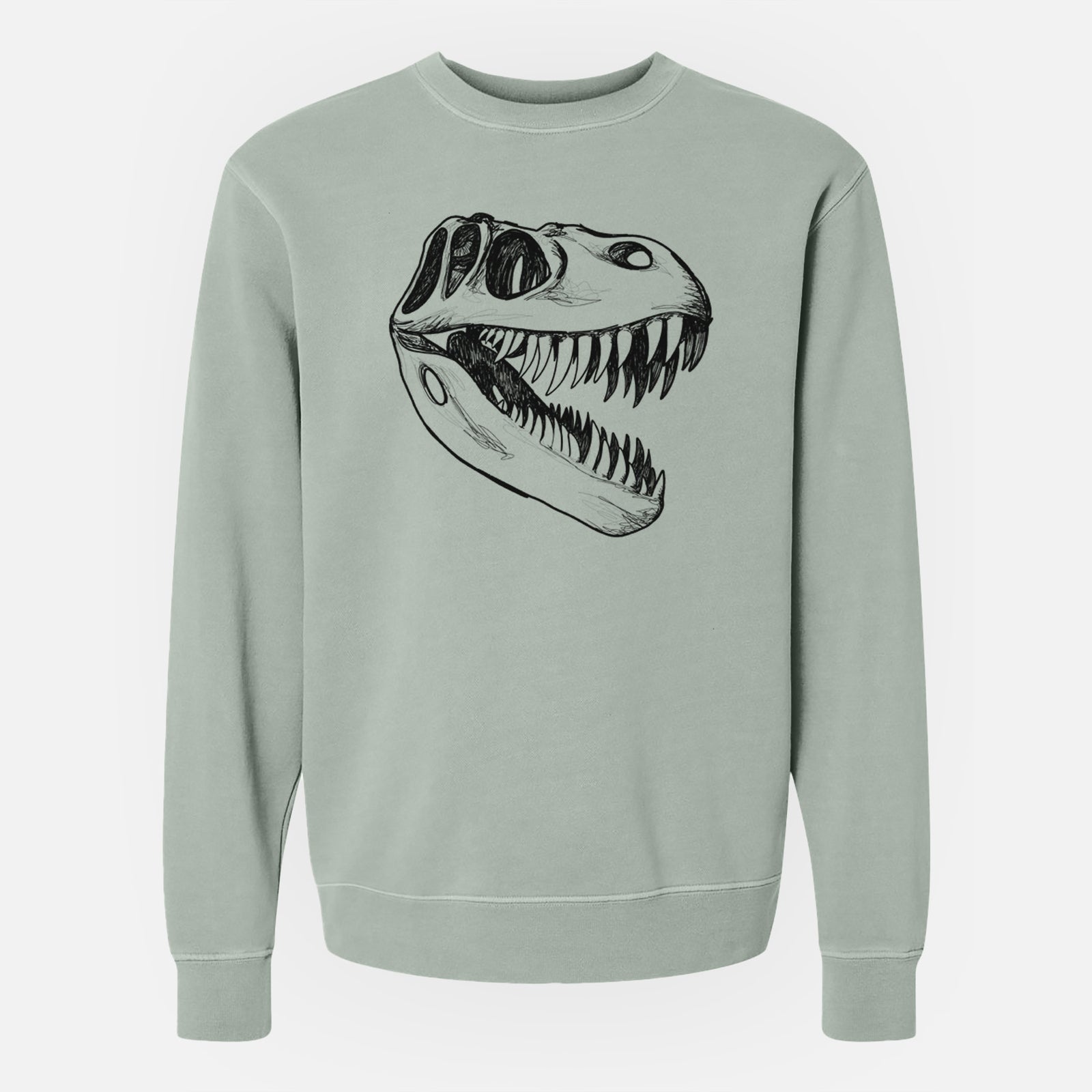 Sage green pigment dyed crewneck sweatshirt laid flat, printed with a black ink illustration of a Tyrannosaurus rex skull with sharp teeth.
