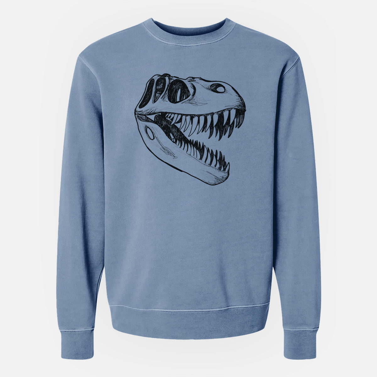 Slate blue pigment dyed crewneck sweatshirt laid flat, printed with a black ink illustration of a Tyrannosaurus rex skull with sharp teeth.
