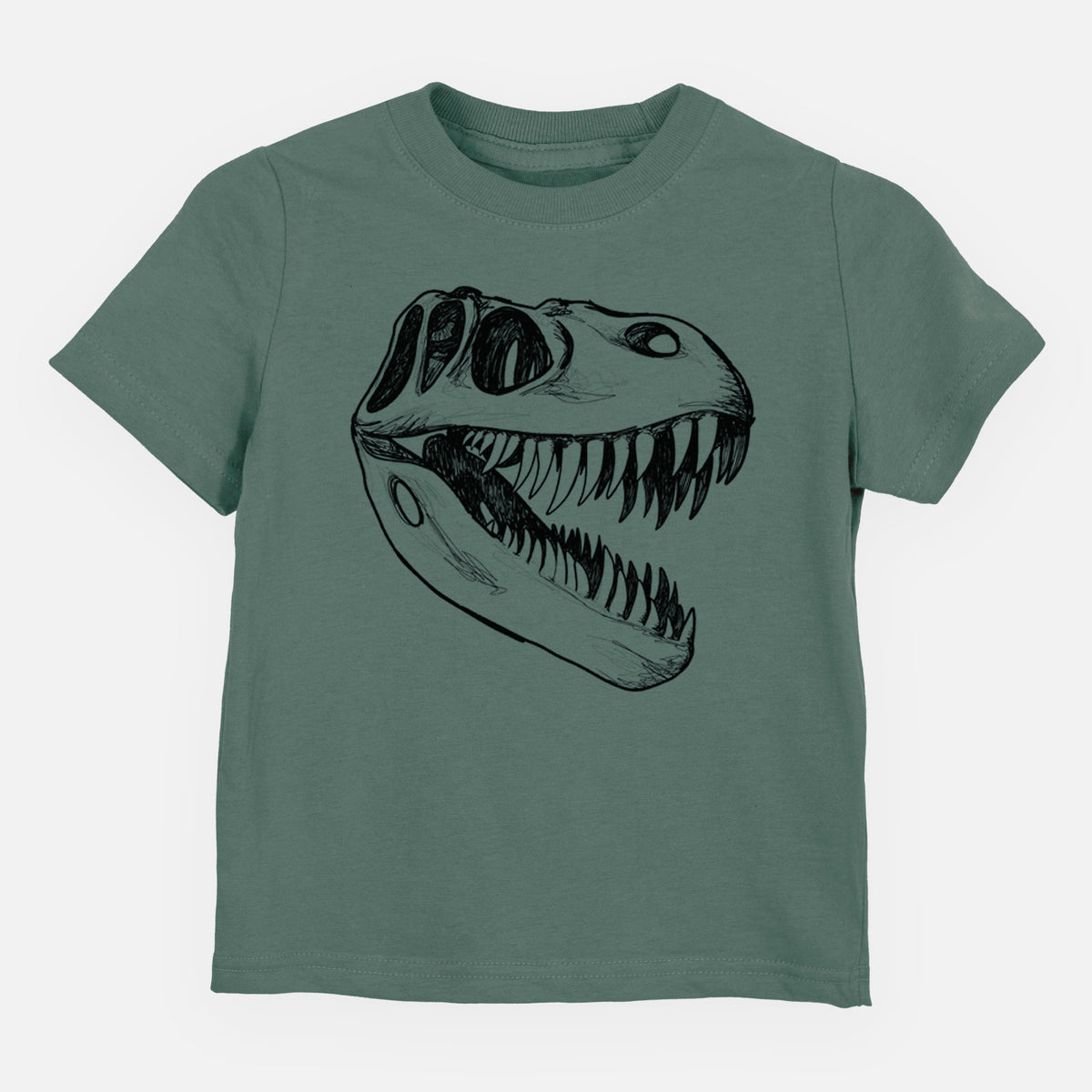 Basil green toddler t-shirt laid flat, printed with a black ink illustration of a Tyrannosaurus rex skull with sharp teeth.