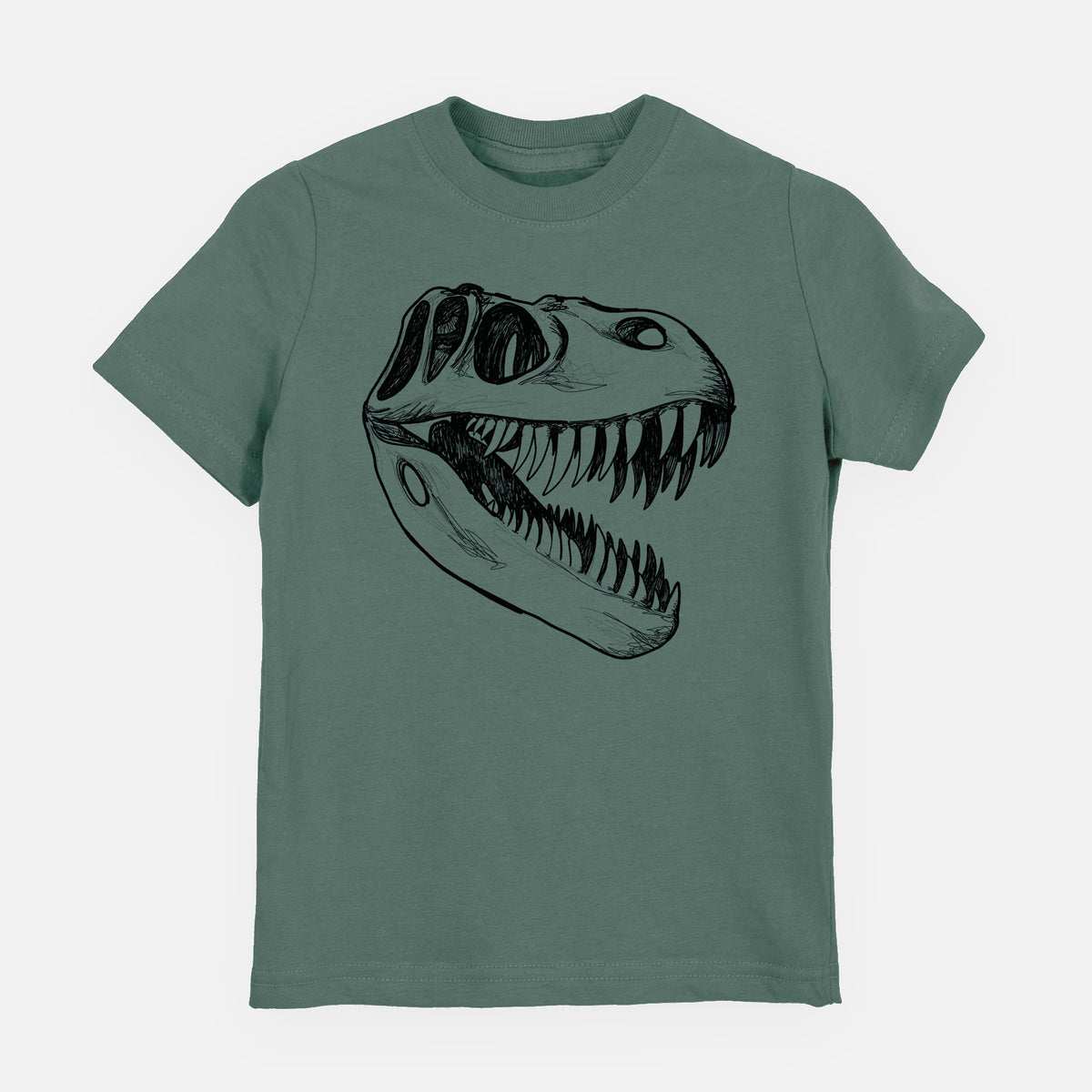 Basil green youth t-shirt laid flat, printed with a black ink illustration of a Tyrannosaurus rex skull with sharp teeth.