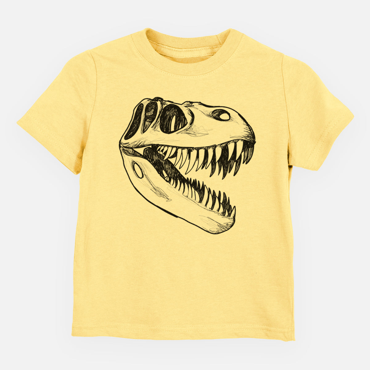 Butter yellow toddler t-shirt laid flat, printed with a black ink illustration of a Tyrannosaurus rex skull with sharp teeth.