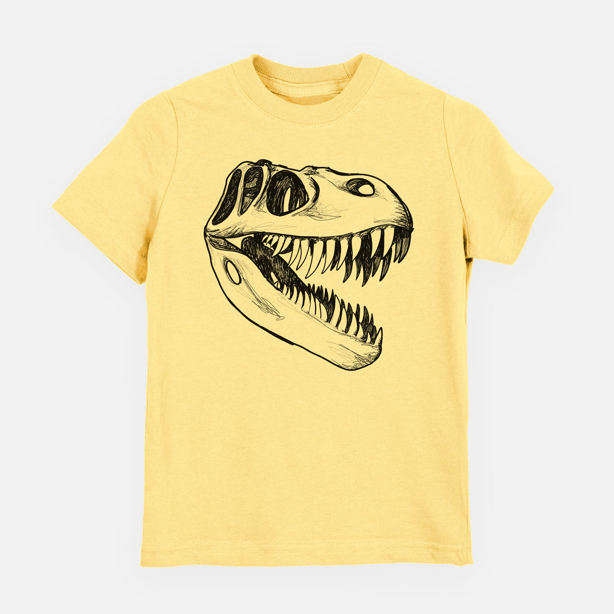 Butter yellow youth t-shirt laid flat, printed with a black ink illustration of a Tyrannosaurus rex skull with sharp teeth.