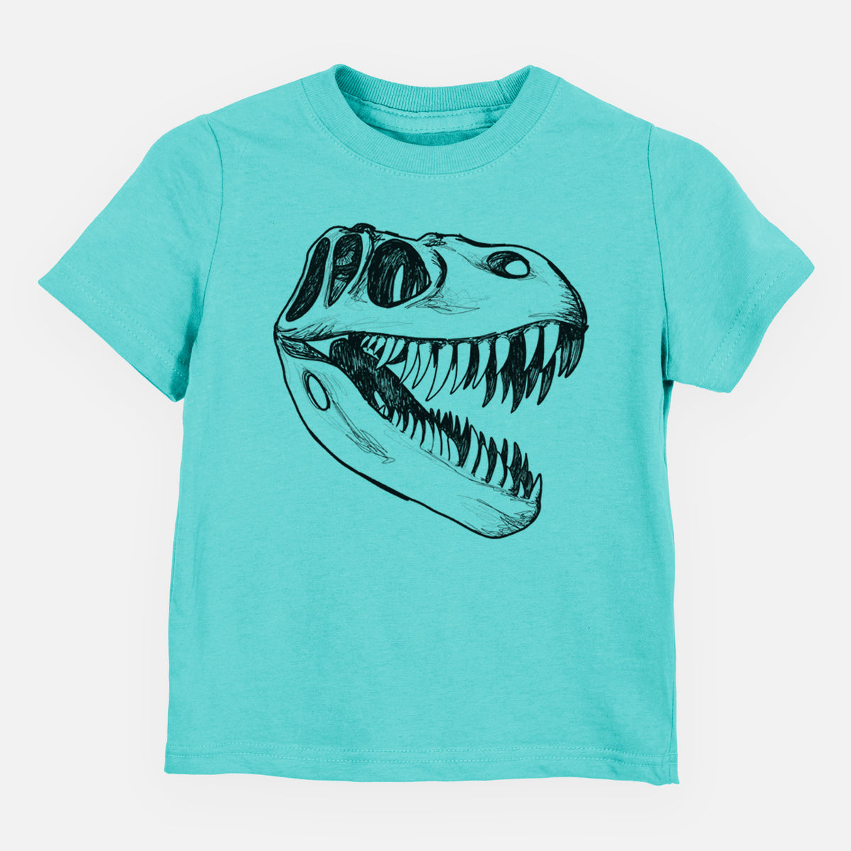 Caribbean blue toddler t-shirt laid flat, printed with a black ink illustration of a Tyrannosaurus rex skull with sharp teeth.
