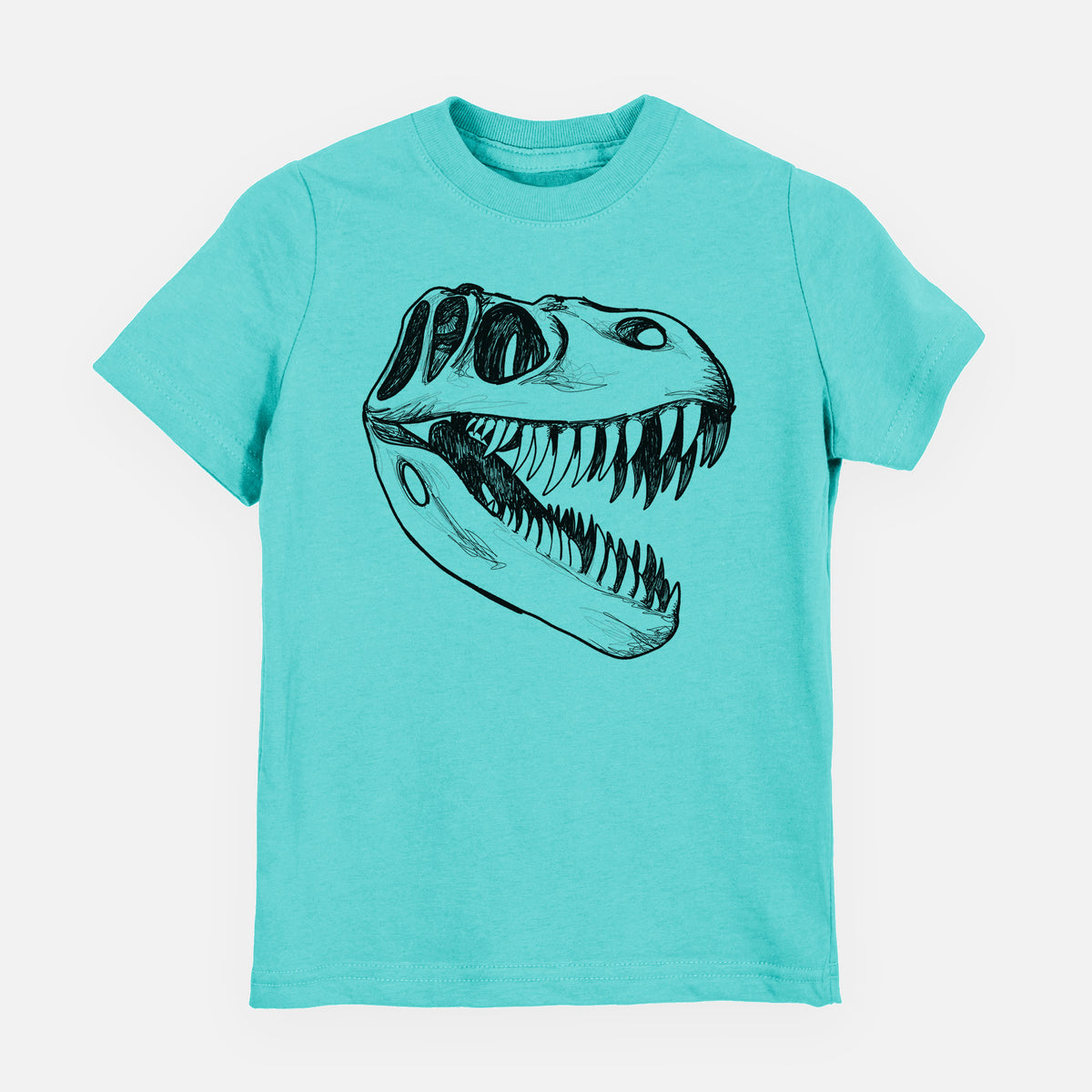 Caribbean blue youth t-shirt laid flat, printed with a black ink illustration of a Tyrannosaurus rex skull with sharp teeth.