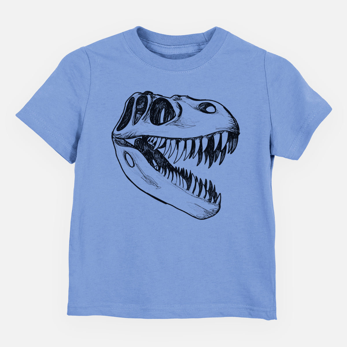 Carolina blue toddler t-shirt laid flat, printed with a black ink illustration of a Tyrannosaurus rex skull with sharp teeth.