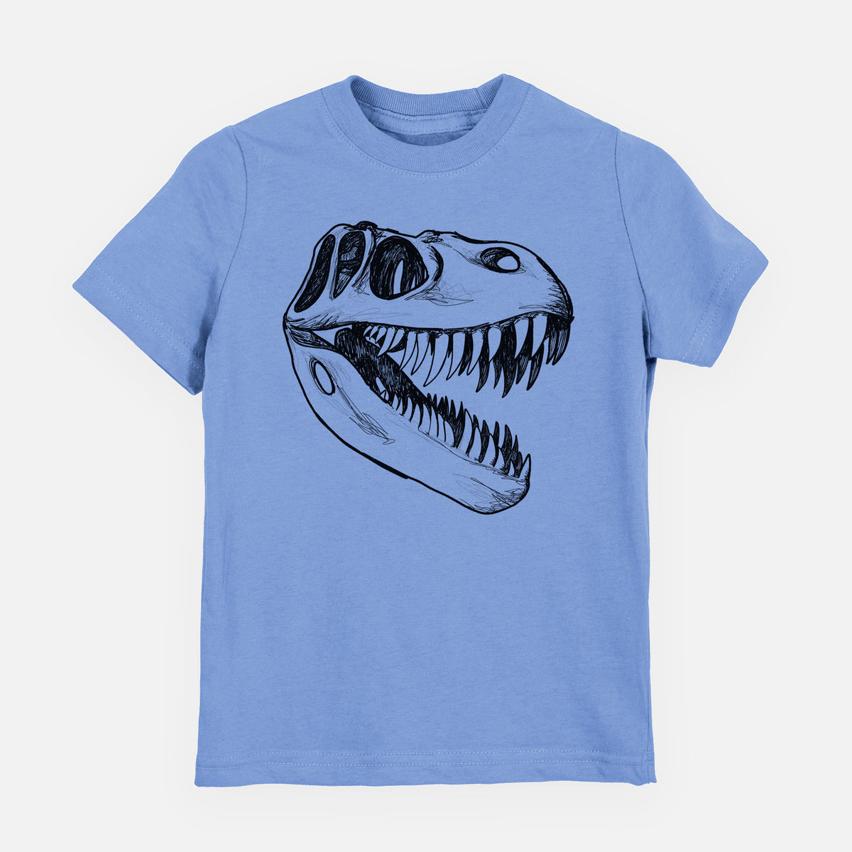 Carolina blue youth t-shirt laid flat, printed with a black ink illustration of a Tyrannosaurus rex skull with sharp teeth.