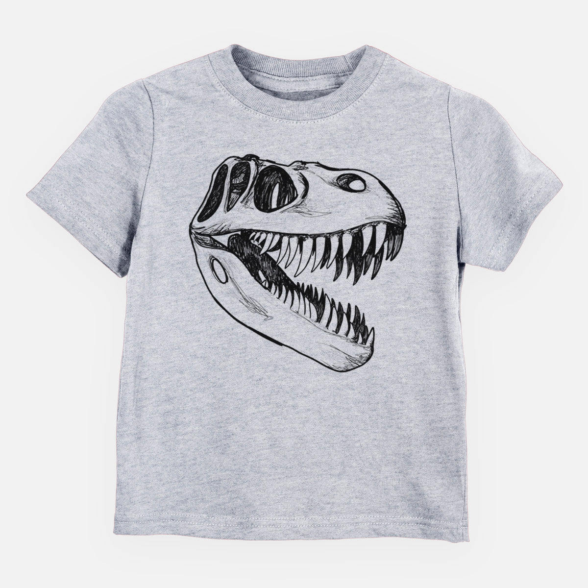 Heather grey toddler t-shirt laid flat, printed with a black ink illustration of a Tyrannosaurus rex skull with sharp teeth.