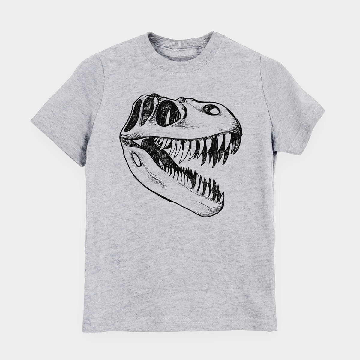 Heather grey youth t-shirt laid flat, printed with a black ink illustration of a Tyrannosaurus rex skull with sharp teeth.