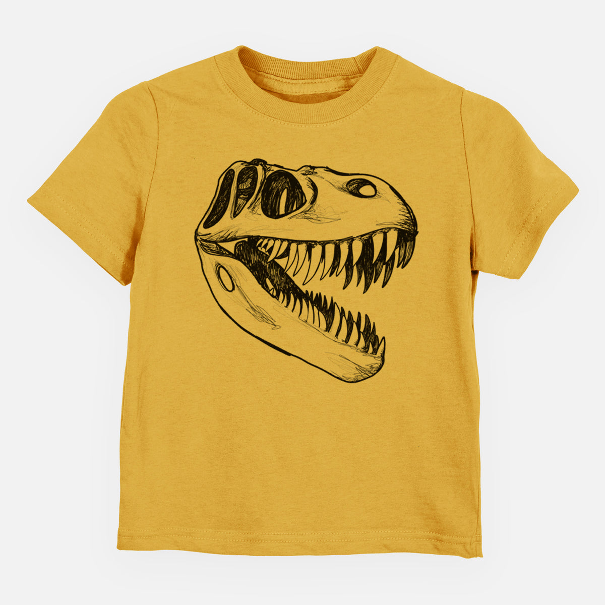 Honeycomb yellow toddler t-shirt laid flat, printed with a black ink illustration of a Tyrannosaurus rex skull with sharp teeth.