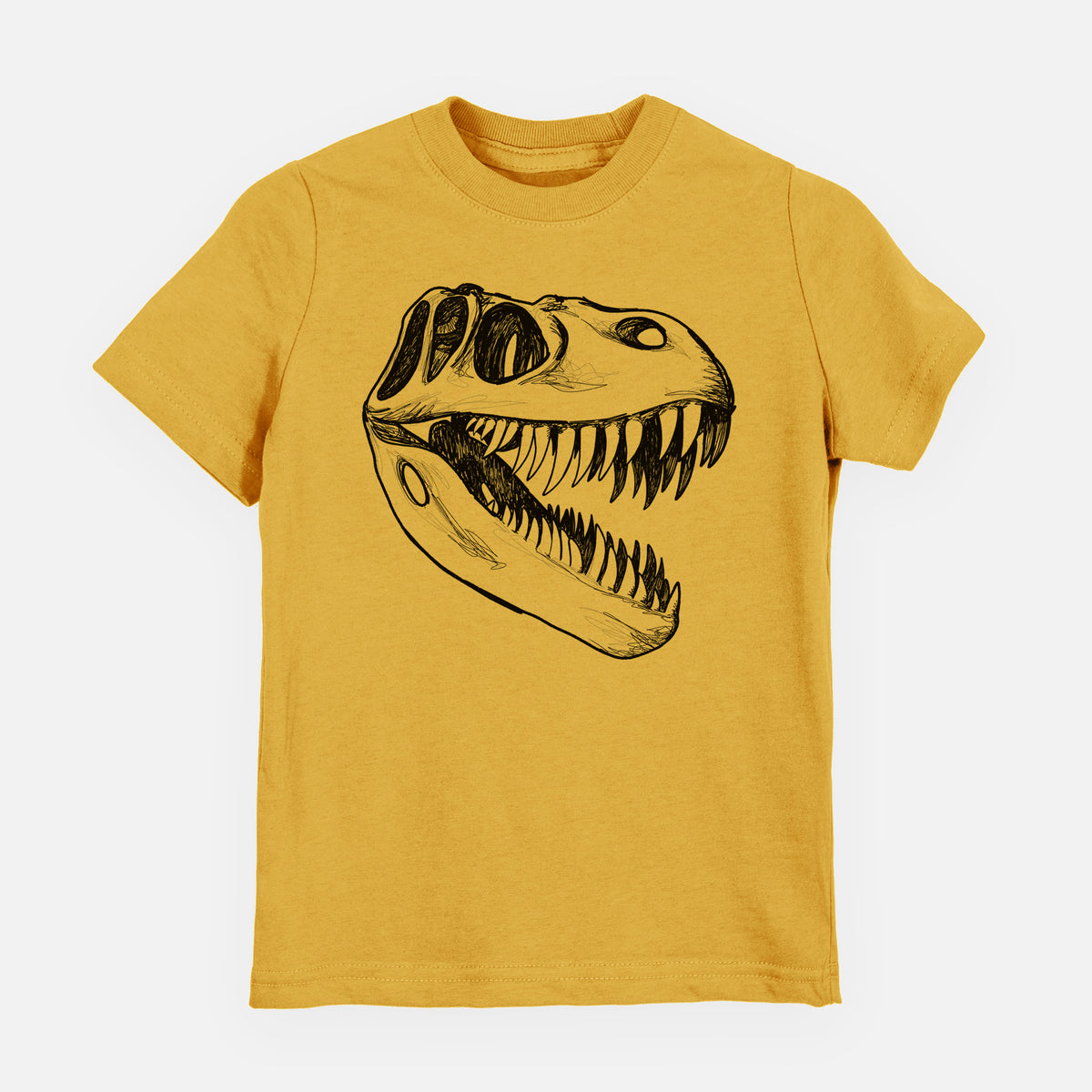 Honeycomb yellow youth t-shirt laid flat, printed with a black ink illustration of a Tyrannosaurus rex skull with sharp teeth.