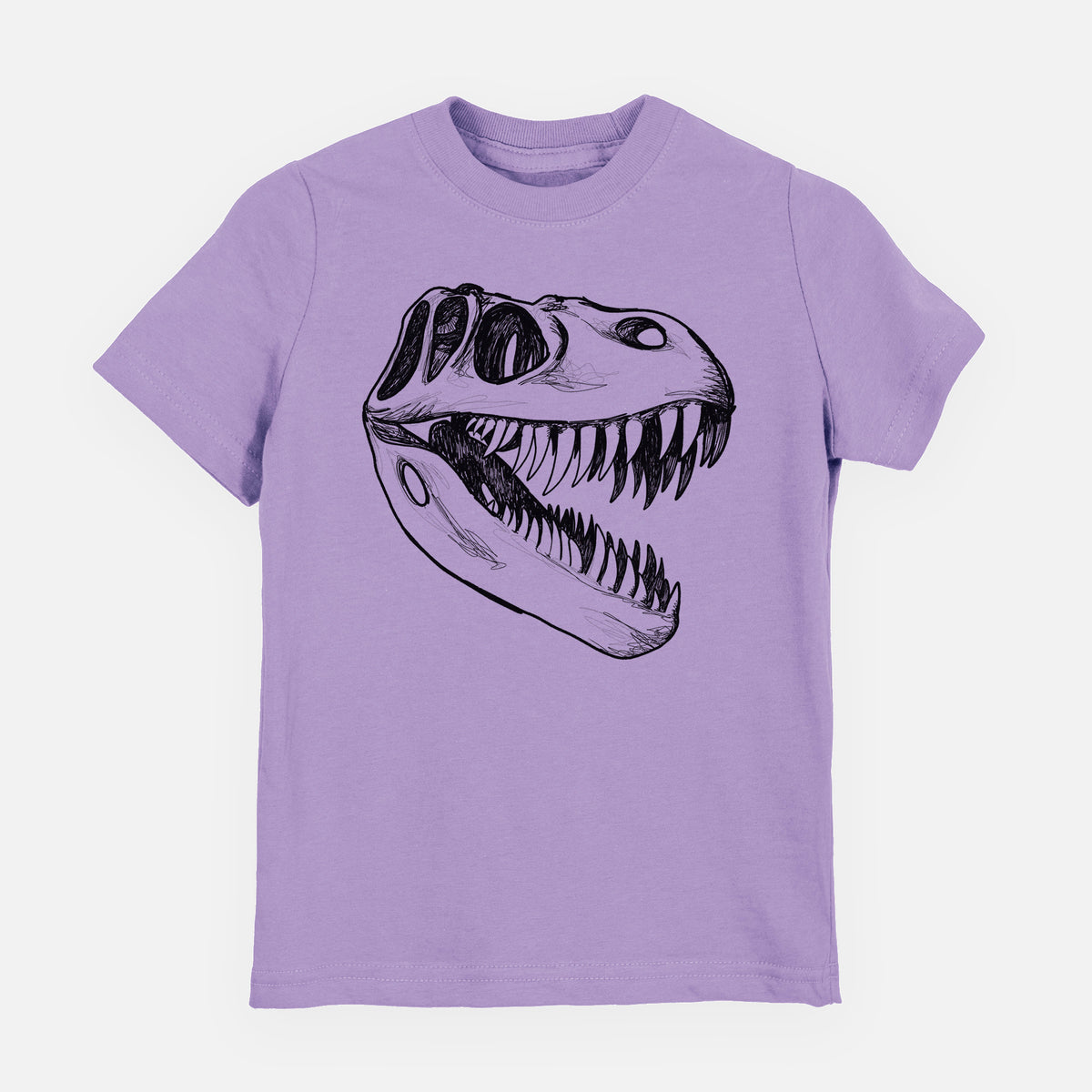 Lavender youth t-shirt laid flat, printed with a black ink illustration of a Tyrannosaurus rex skull with sharp teeth.