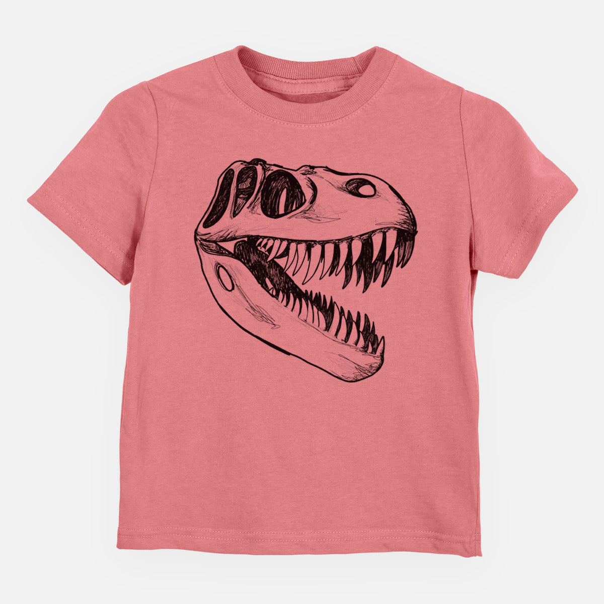 Mauve pink toddler t-shirt laid flat, printed with a black ink illustration of a Tyrannosaurus rex skull with sharp teeth.