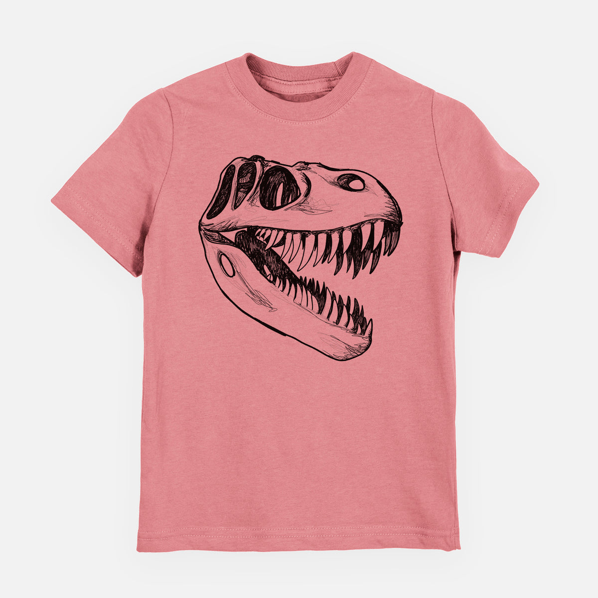 Mauve pink youth t-shirt laid flat, printed with a black ink illustration of a Tyrannosaurus rex skull with sharp teeth.
