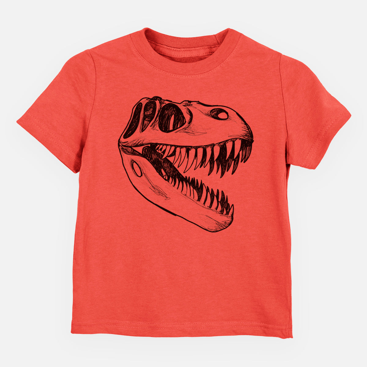 Passionfruit pink toddler t-shirt laid flat, printed with a black ink illustration of a Tyrannosaurus rex skull with sharp teeth.