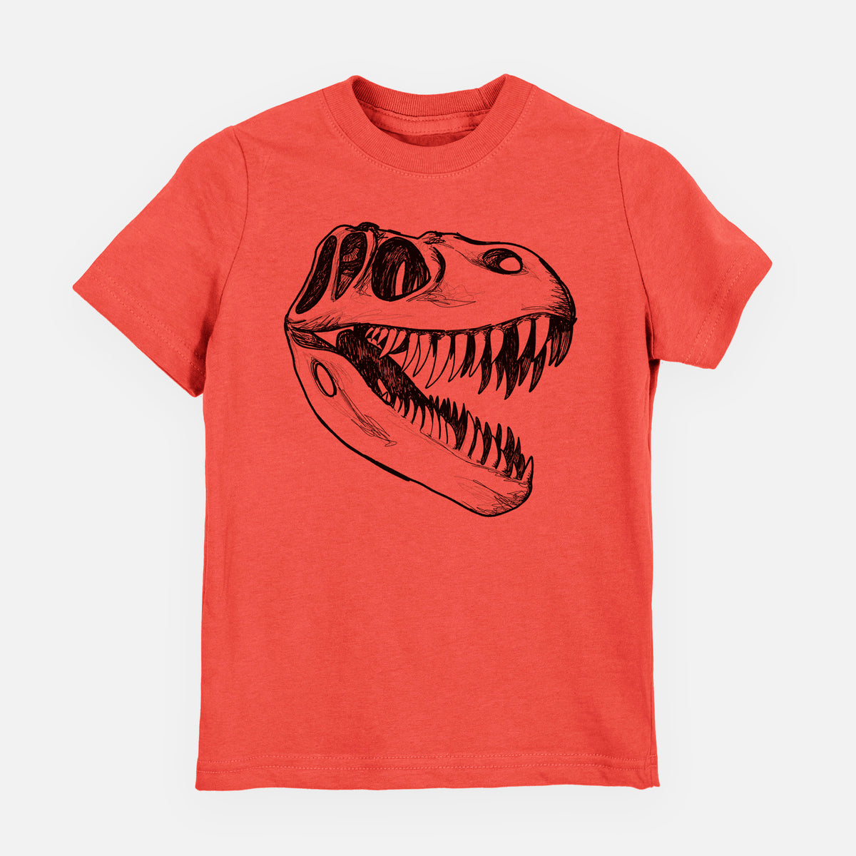Passionfruit pink youth t-shirt laid flat, printed with a black ink illustration of a Tyrannosaurus rex skull with sharp teeth.