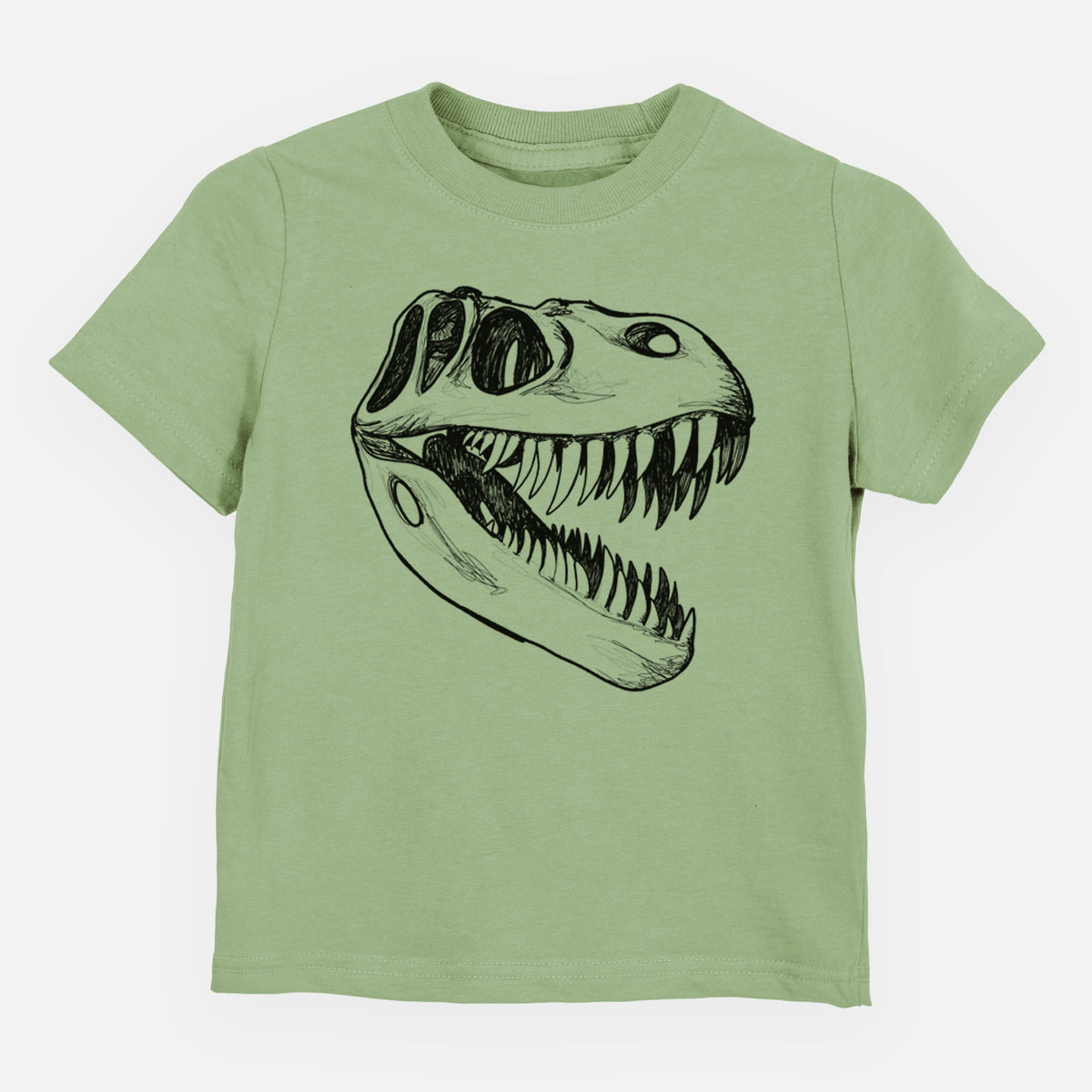 Sage green toddler t-shirt laid flat, printed with a black ink illustration of a Tyrannosaurus rex skull with sharp teeth.