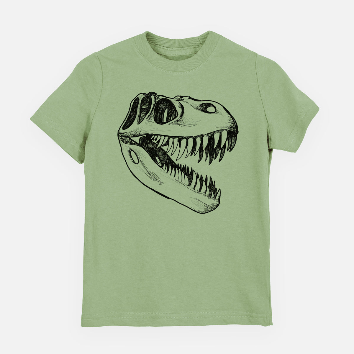 Sage green youth t-shirt laid flat, printed with a black ink illustration of a Tyrannosaurus rex skull with sharp teeth.