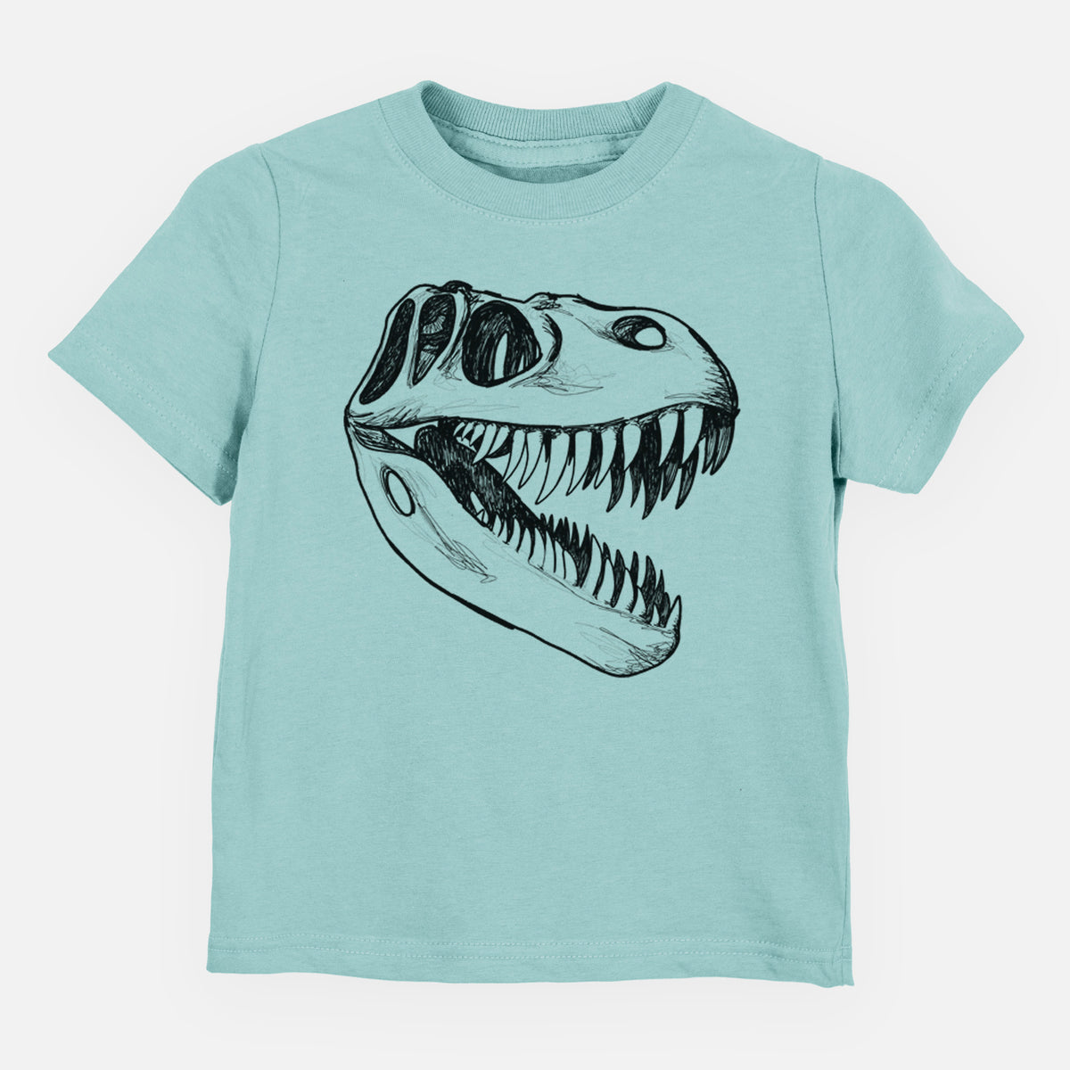 Saltwater toddler t-shirt laid flat, printed with a black ink illustration of a Tyrannosaurus rex skull with sharp teeth.