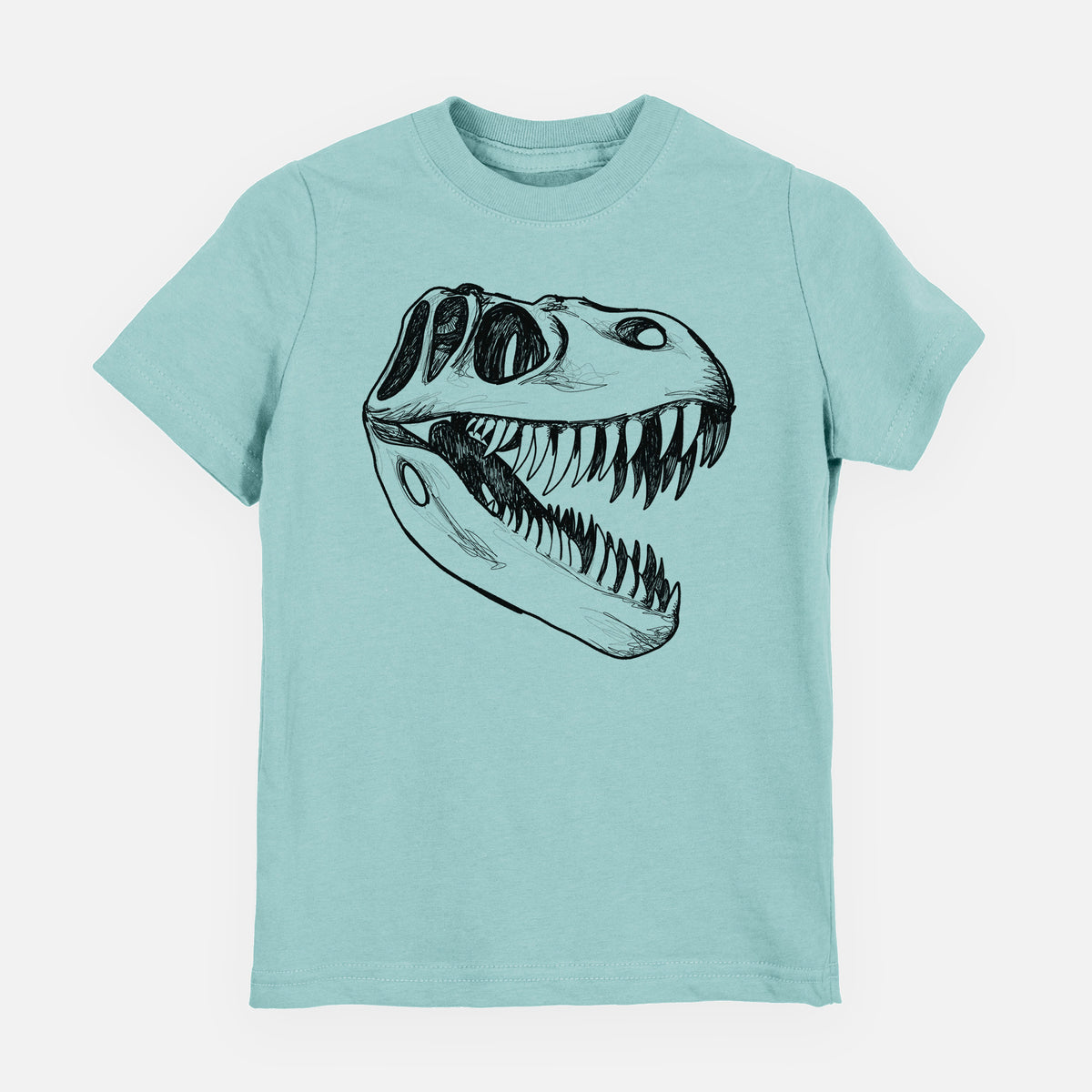 Saltwater youth t-shirt laid flat, printed with a black ink illustration of a Tyrannosaurus rex skull with sharp teeth.
