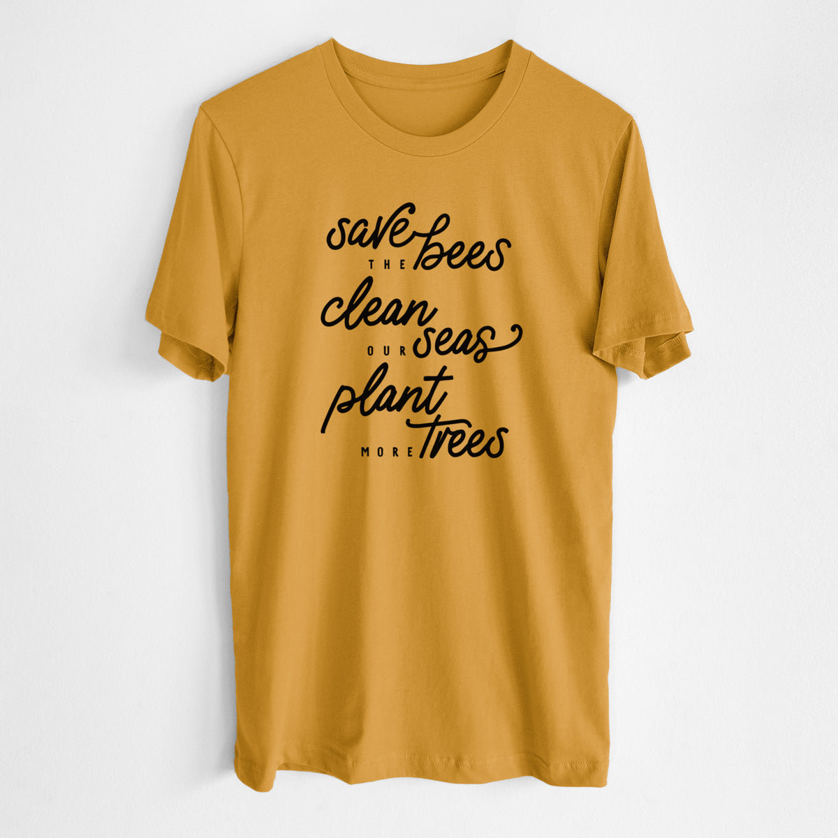 Honeycomb yellow lightweight cotton t-shirt laid flat, printed with black hand-lettered words reading Save the Bees, Clean Our Seas, Plant More Trees.