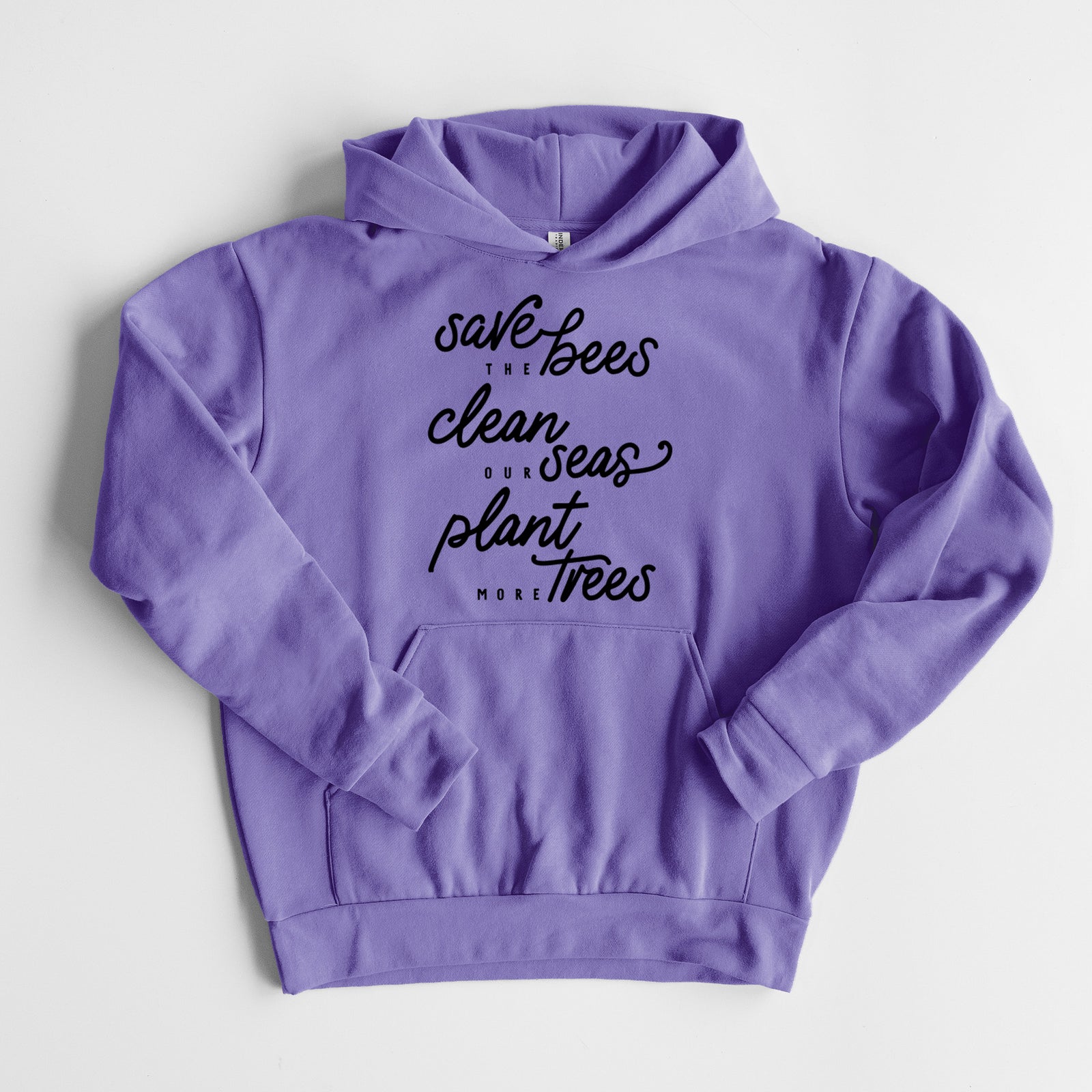 Bees Seas Trees - Typography - Statement Midweight Hoodie in Violet, laid flat, showing the oversized boxy fit and front kangaroo pocket.