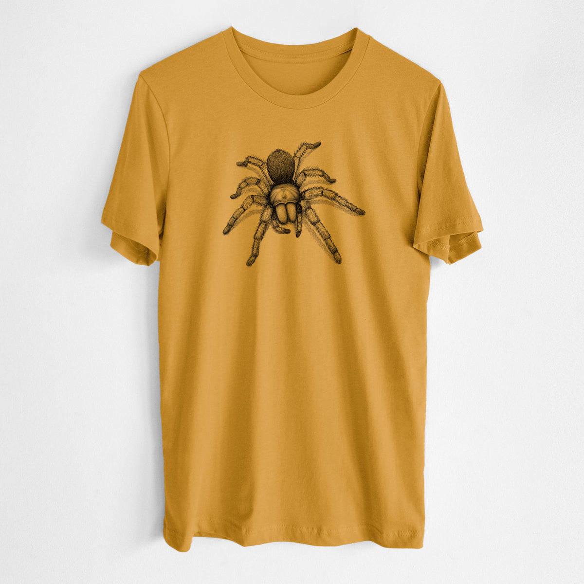Honeycomb yellow lightweight cotton t-shirt laid flat, printed with a detailed black ink illustration of a desert blonde tarantula.