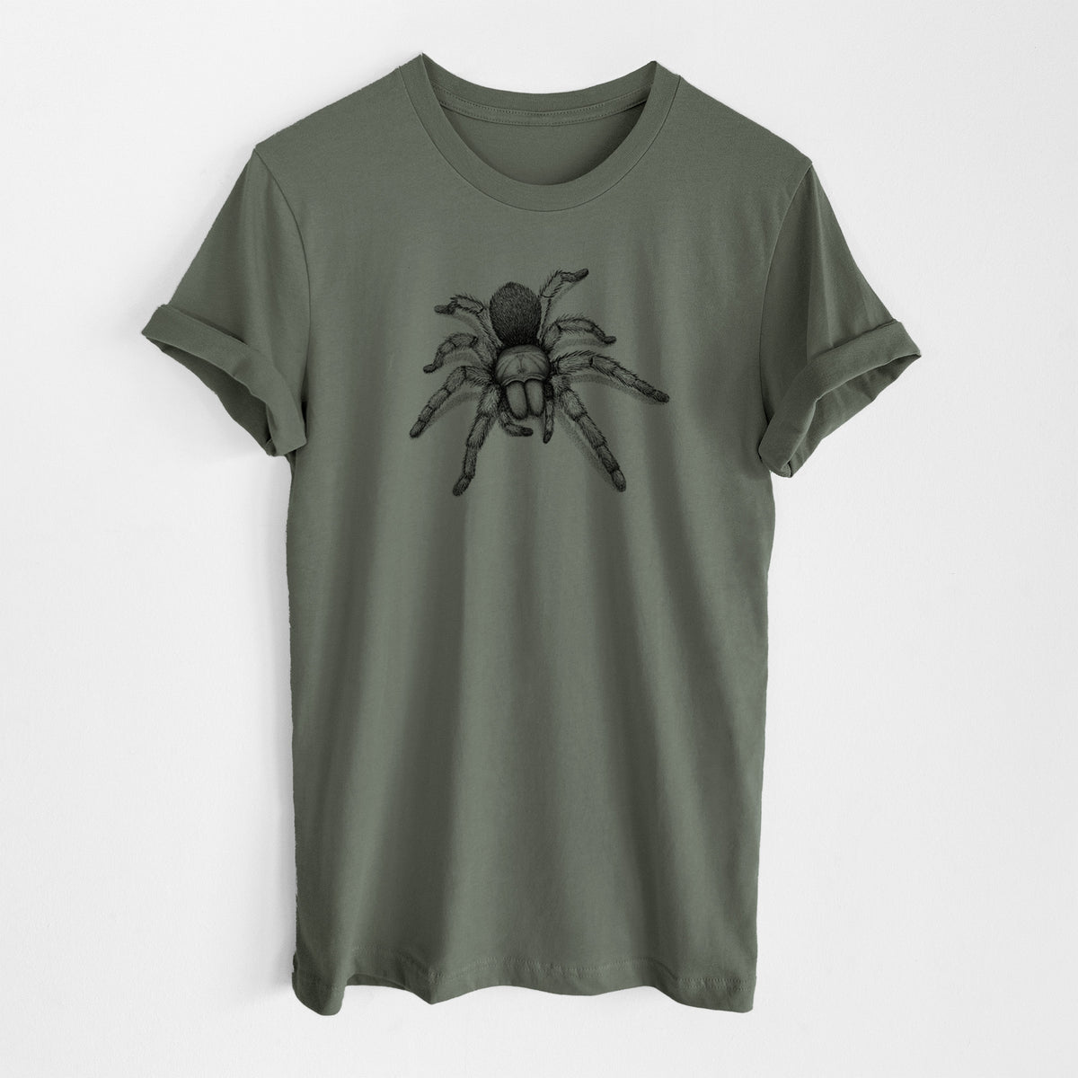Military green lightweight cotton t-shirt laid flat, printed with a detailed black ink illustration of a desert blonde tarantula.