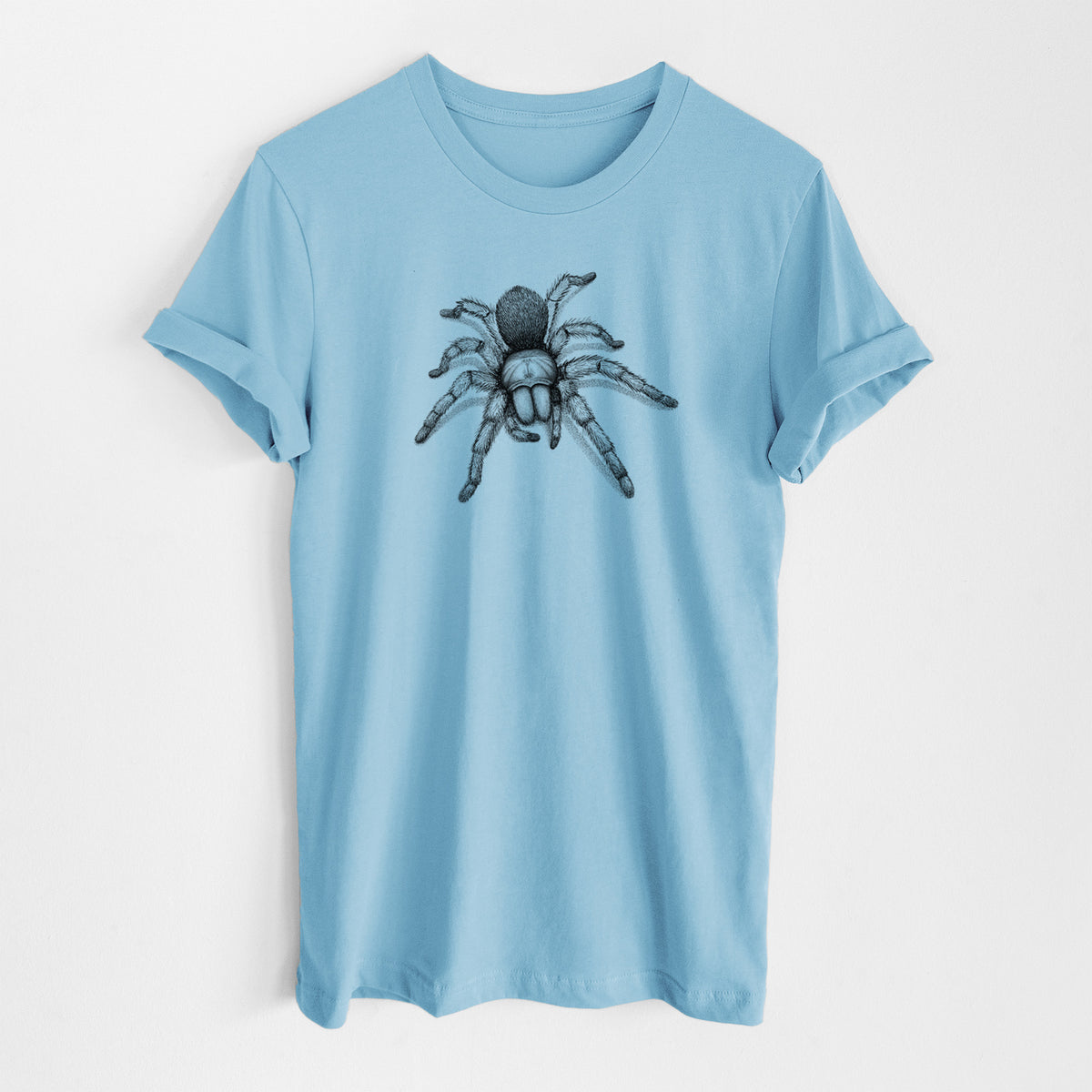 Ocean blue lightweight cotton t-shirt laid flat, printed with a detailed black ink illustration of a desert blonde tarantula.