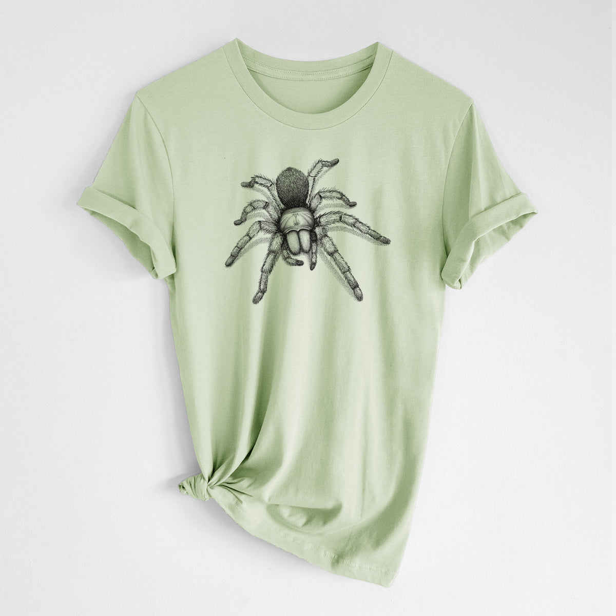 Spring green lightweight cotton t-shirt laid flat with the sleeves rolled, printed with a detailed black ink illustration of a desert blonde tarantula.