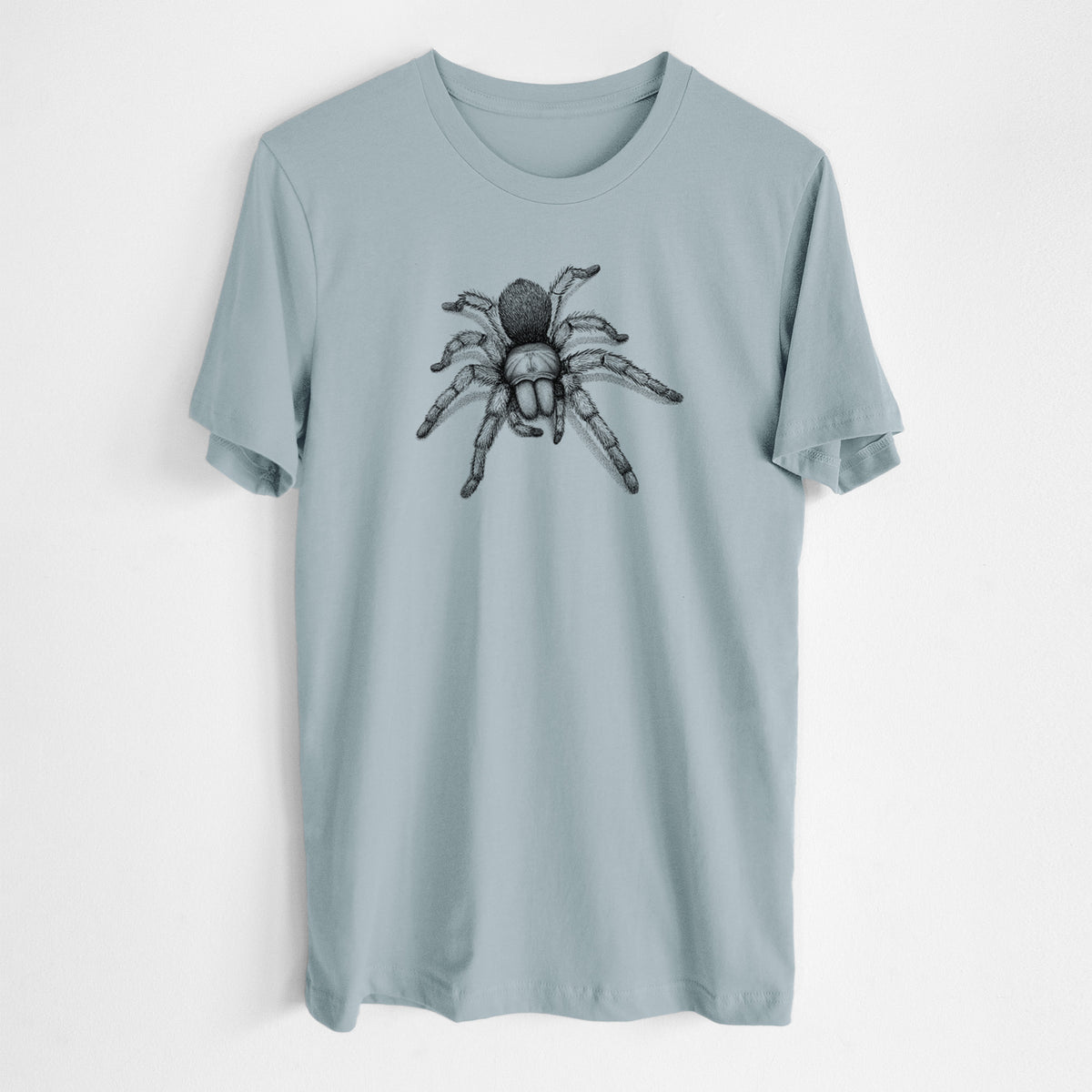 Vintage denim lightweight cotton t-shirt laid flat, printed with a detailed black ink illustration of a desert blonde tarantula.