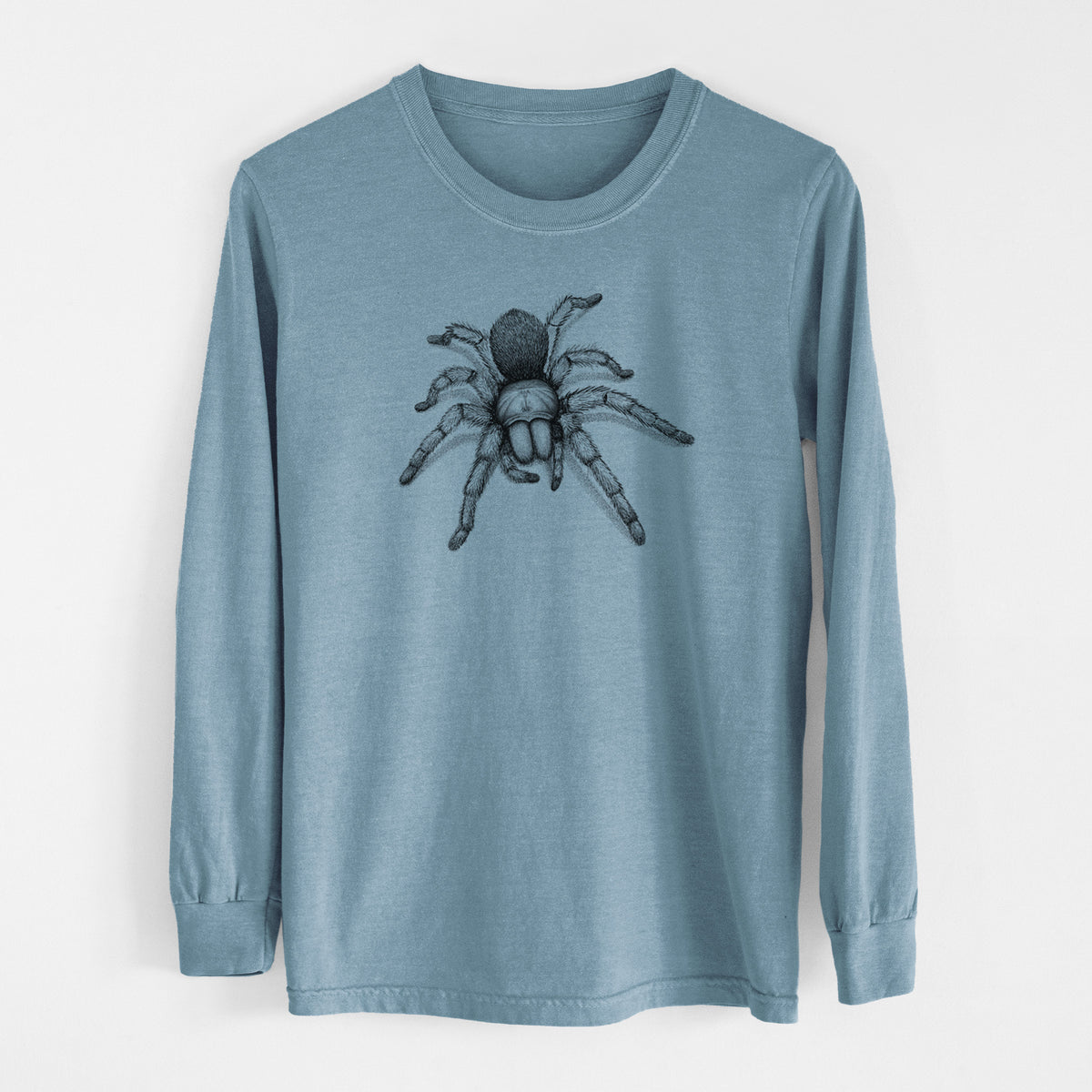 Steel blue Comfort Colors long sleeve shirt laid flat, printed with a detailed black ink illustration of a desert blonde tarantula.