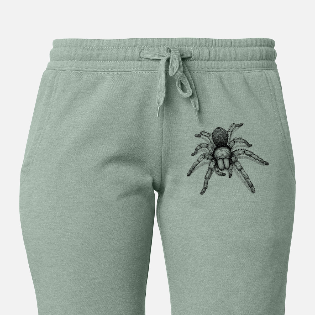 Front of sage green Cali Wave sweatpants, printed with a detailed black ink illustration of a desert blonde tarantula on the leg.