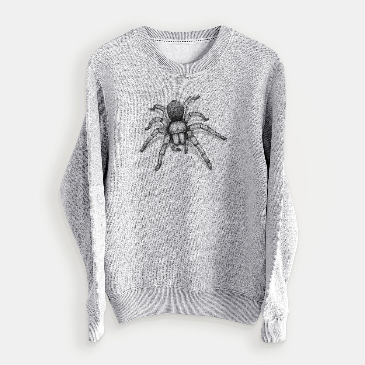 Salt and pepper knit sweatshirt laid flat, printed with a detailed black ink illustration of a desert blonde tarantula.