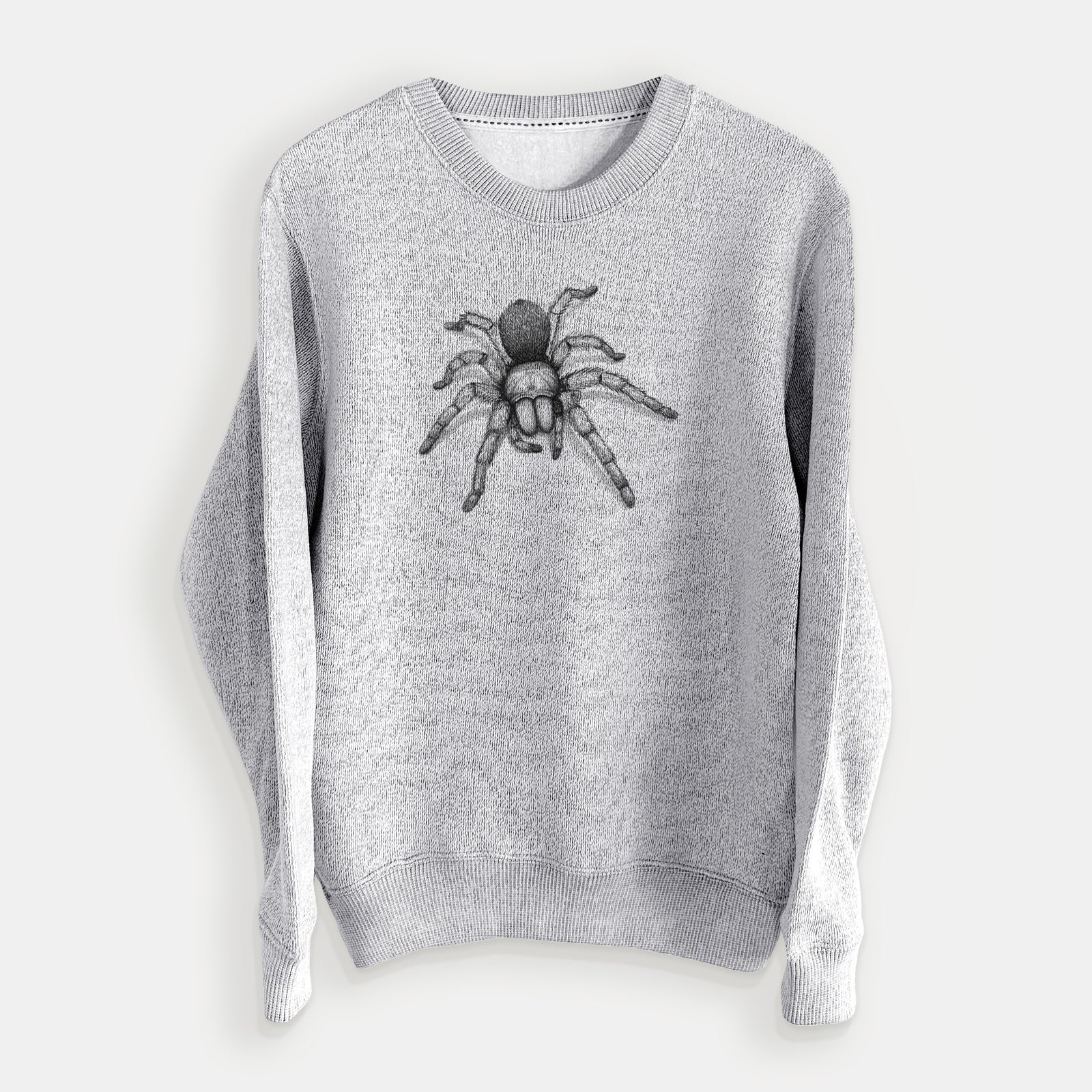 Salt and pepper knit sweatshirt laid flat, printed with a detailed black ink illustration of a desert blonde tarantula.