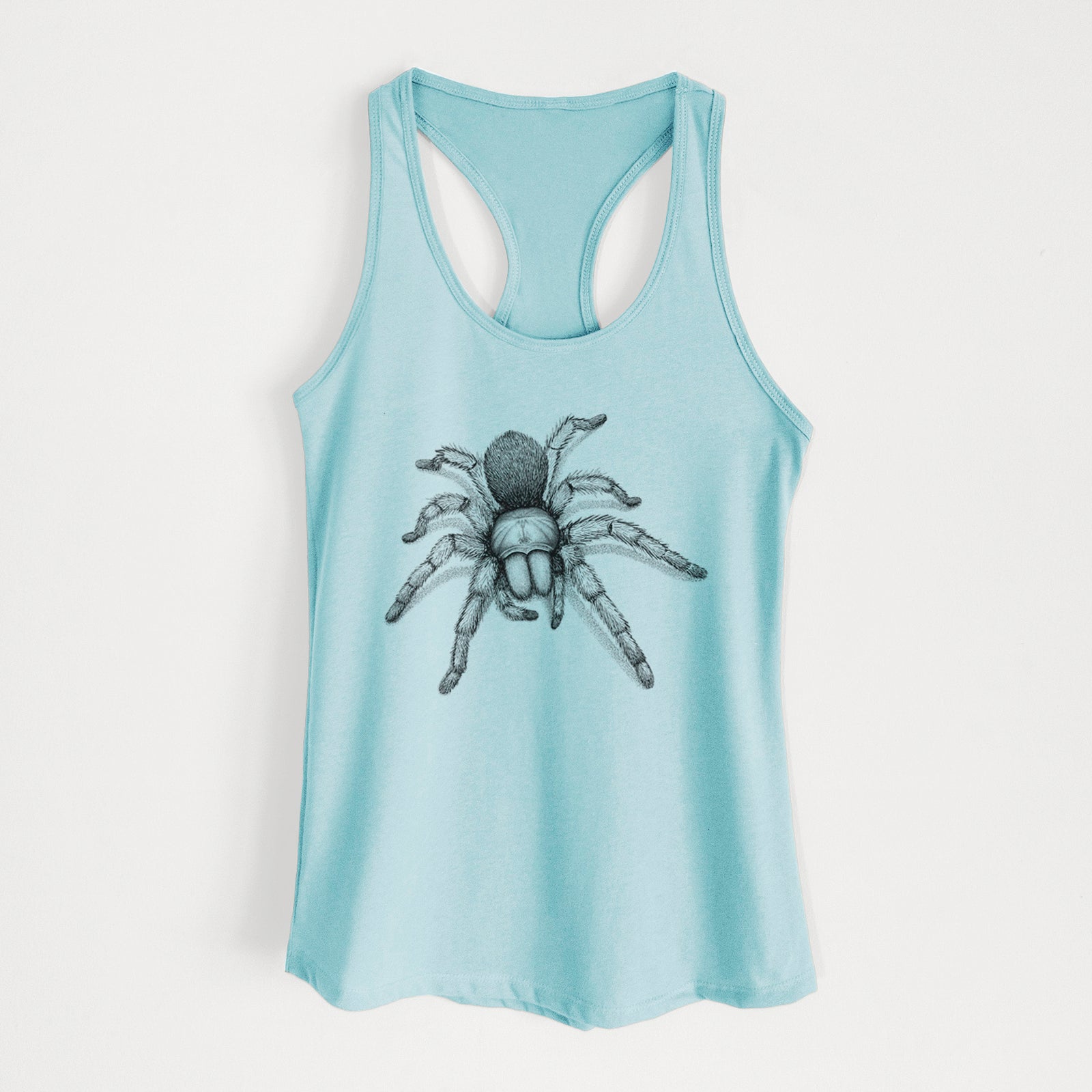 Banana cream women's racerback tank top laid flat, printed with a detailed black ink illustration of a desert blonde tarantula.