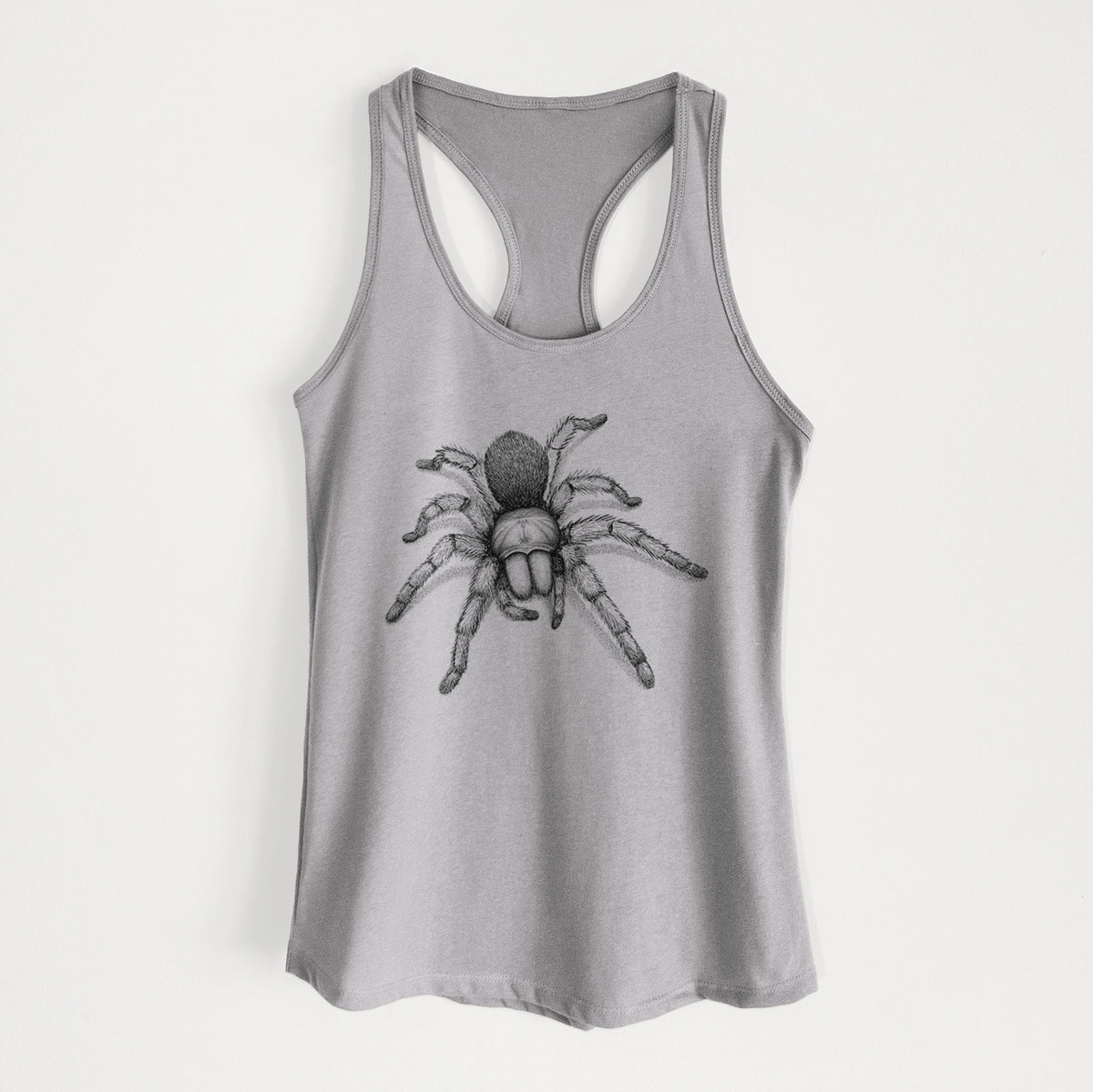 Heather grey women's racerback tank top laid flat, printed with a detailed black ink illustration of a desert blonde tarantula.